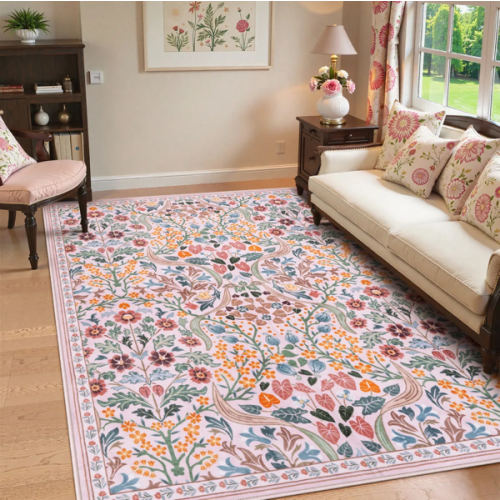 Claude Washable Maximalism Vibrant Blossom Floral Pink Rug