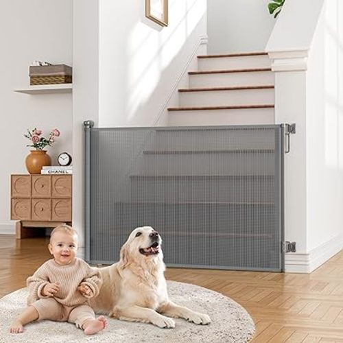 Babepai Retractable Baby Gates Extra Wide | 55" Wide x 38" Tall Dog Gates for Stairs | Indoor/Outdoor Use | Child Gates for Doorways, Deck, Porch, Hallways, Patio - Gray