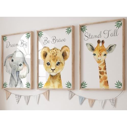 Baby Safari Animals for Girl or Boy Nursery Bedroom, Set of 3 Unframed Wall Art Prints, Jungle Leaves Quote Posters, Nursery Decor Gift, Giraffe Elephant Lion, Stand Tall Dream Big Be Brave (12x16)