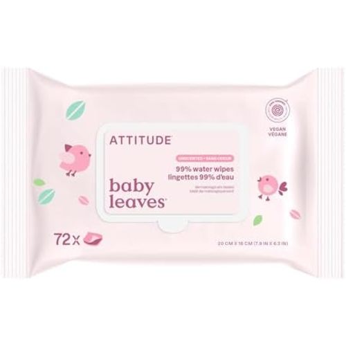 ATTITUDE Baby Water Wipes, EWG Verified, Safe for Newborns, Unscented & Fragrance-Free, 99% Water, Gentle & Hypoallergenic, Vegan & Dermatologically Tested, Travel Pack with Hard Lid, 72 Count
