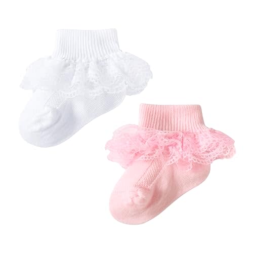Methee Baby Girls Ruffle Socks, Infant Girls Double Lace Frilly Socks Newborn Spring and Autumn Thin Dress Turn Cuff Sock