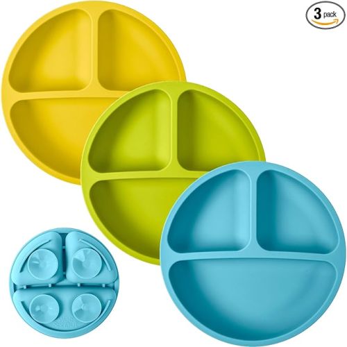 WeeSprout Suction Plates for Babies & Toddlers - 100% Silicone, Dinnerware Stays Put, Divided Design for Picky Eaters, Microwave & Dishwasher Friendly, 3 Pack