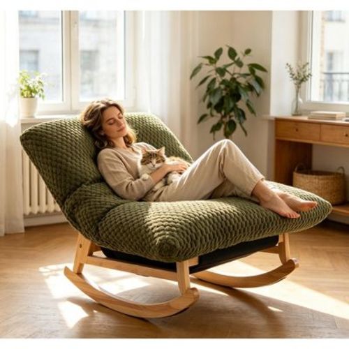 ModernLuxe Nursery Rocking Chair with Rubberwood Frame, Bean Bag Sofa Rocker Upholstered Accent Chair, Armless Lazy Sofa Lounge Chair, Green