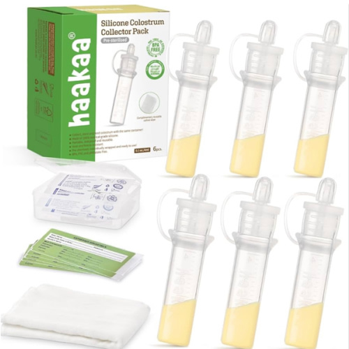 Ensemble de collecteur de colostrum Haakaa avec étui de rangement, incluant 1 chiffon en coton réutilisable et boîte de rangement (0,1 oz/4 ml, 6 pièces)
