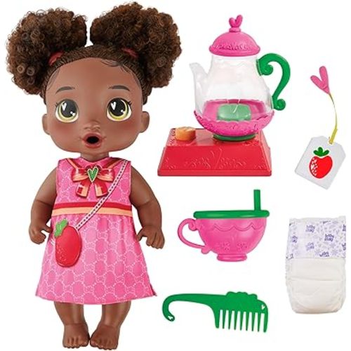 Baby Alive Bubbly Tea Party Berry Boo Doll with Teapot Accessories, Black Hair, 11 Inches, Toys for 3 Year Old Girls and Boys & Up
