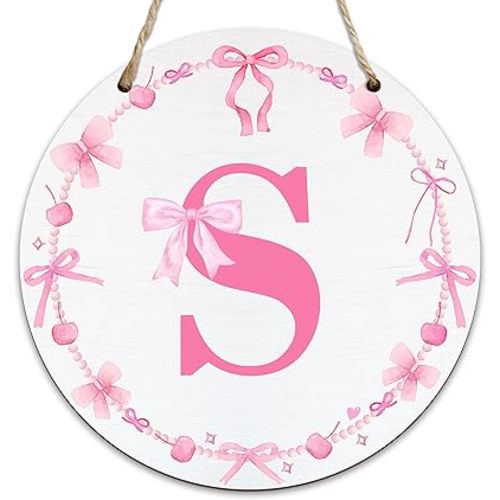 Monogram Round Sign For Front Door, Cherry Bow Theme Sign For Porch Art Wall Door, Initial Signs Hanging Ornament For Indoor Outdoor, Decorations Gifts For Four Seasons Rustic Home Kitchen, S, A19