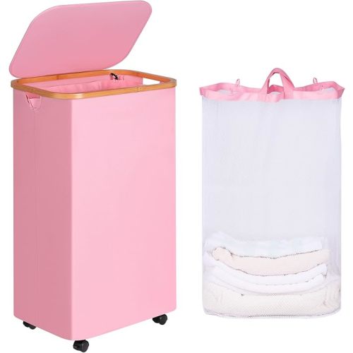 Laundry Hamper, Narrow Laundry Basket with Lid,Foldable Clothes Hamper with Bamboo Handles,Hamper Basket with Removable Inner Bag for Laundry Room Bedroom College Dorm (Pink, 110L with Wheels)