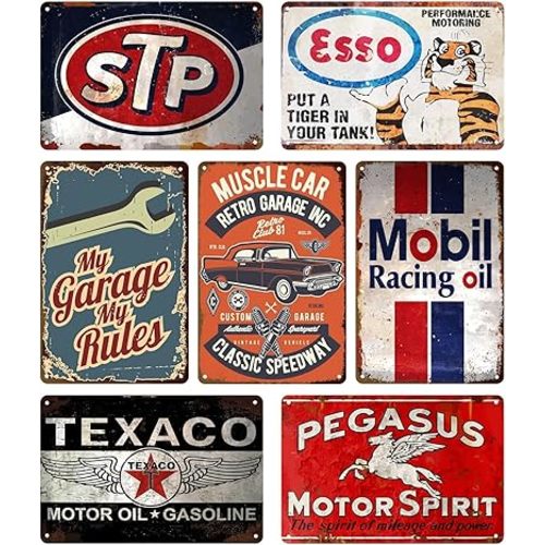 Garage Signs For Men - 7 Pcs Vintage Metal Tin Signs Retro Garage Signs For Men Wall Decorations Old Car Shop Posters Oil And Gas Station Sign Man Cave Decor 8×12 Inch（7pcs）