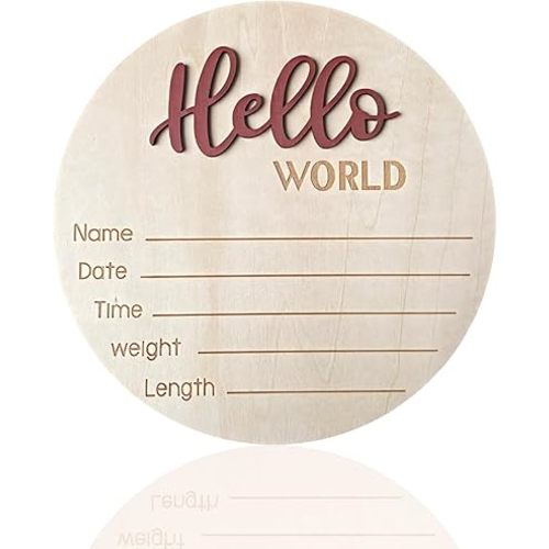 Baby Announcement Sign, 5.9 Inch Wooden Hello World Newborn Signs, Birth Announcement Sign, Baby Shower Hospital Nursery for Newborn Boys and Girls (Tea Red)