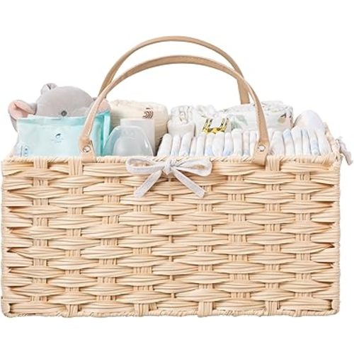 HBlife Large Diaper Caddy Organizer, Washable Waterproof, Portable Wicker Woven Basket with Divider, Nursery Diaper Station, Baby Shower Gifts Basket & Car Organizer, Newborn Essentials