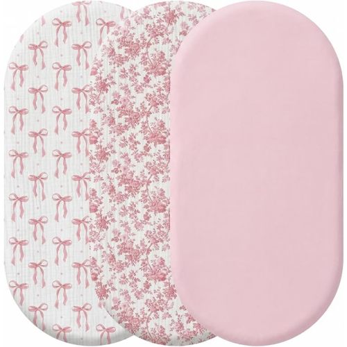 Baby Muslin Bassinet Sheets 3 Pack, Featuring Pink Stripes, Flowers, and Bows, Standard Size 33x17, Breathable, Elastic, Cozy Fitted 100% Cotton Baby Cradle Mattress Sheet for Boys Girls