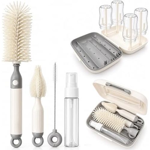 7-in-1 Baby Bottle Brush Set with Drying Rack, Home & Travel, Gray
