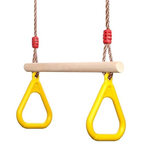 PELLOR Playground Children's Wooden Trapeze Swing Bar with Plastic Gym Rings Swing Set for Indoor & Outdoor Fun