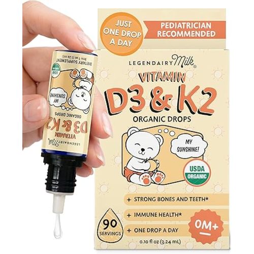 Legendairy Milk Vitamin D Drops for Infants, Organic Baby Vitamin D3 K2 Liquid 400 IU, Vegan for Newborns Toddlers & Kids, Childrens Supplement for Strong Bones & Teeth, Sugar Free, 90 Servings