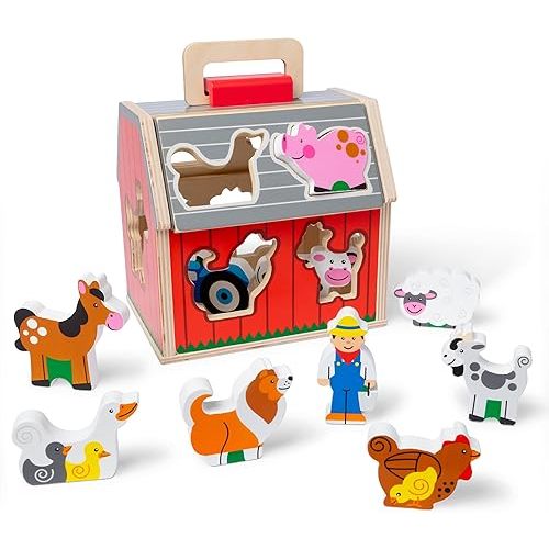 Melissa & Doug Take-Along Wooden Toy Barn, 11-Pc Portable Toddler Playset with Farm Animals & Pop-Up Roof, Preschool Learning Toys for Girls & Boys 2+