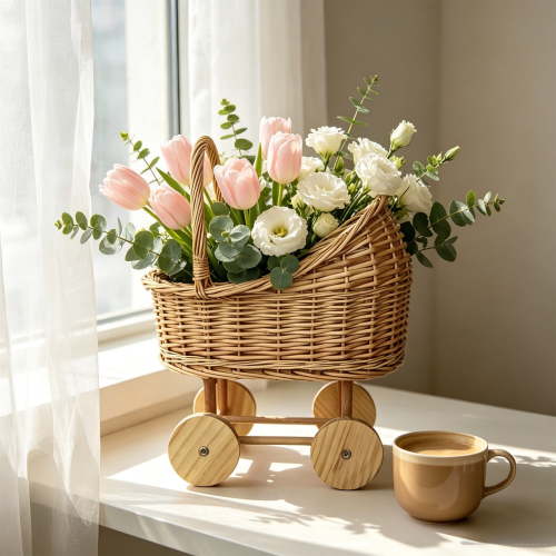 Summercome Woven Rattan Stroller Shaped Flower Basket with Handle, Versatile Trolley Decorative Flower Basket, Wicker Baby Carriage, Handwoven for Weddings, Baby Showers, Floral Arrangements