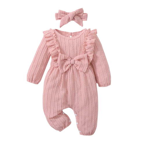 Lenpel Newborn Fall Winter Clothes Baby Girl Boy Ruffle Long Sleeve Button Jumpsuit Infant Romper with Bow Headband