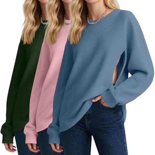 Oakgarden 3 Pack Women's Oversized Nursing Tops, Waffle Knit Breastfeeding Zipper Sweatshirt Long Sleeve Maternity Shirts