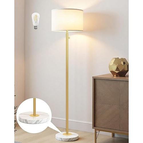 Gold Floor Lamps for Living Room–LED Bulb Included,Dimmable Floor Lamp with Linen Shade,Modern Standing Lamp with Marble Base,Tall Floor Lamp for Bedroom,Nursery,Reading & Office