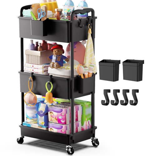 Yeabett 3-Tier Deep Basket Storage Cart with Wheels, Large Capacity Rolling Utility Cart with Lockable Casters, Black