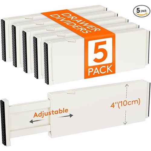 Lifewit 5 Pack 4" High Drawer Dividers 28-43.5cm/11-17" Adjustable Drawer Organizer for Clothes/Utensils, Expandable Drawer Separator in Dresser/Kitchen/Bedroom/Office Organization & Storage Beige