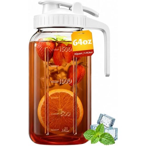 64oz Mason Jar Pitcher, 2quart Glass Pitcher with Lid for Tea & Cold Brew