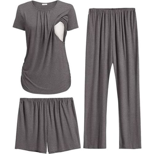 Ekouaer Maternity Nursing Pajamas Set 3 Piece Postpartum Lounge Breastfeeding Pjs Pregnancy Shorts & Pants Dark Gray L