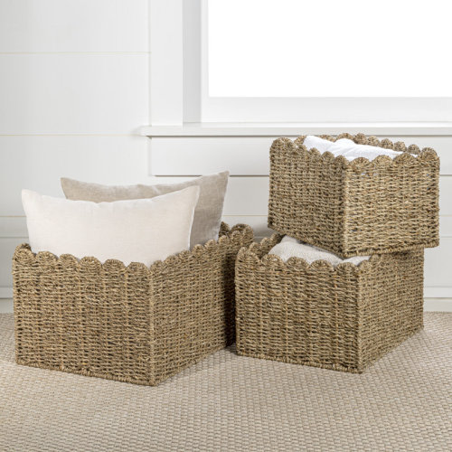 happimess Arden Coastal Cottage Seagrass Scalloped Rectangular Organizing Storage Baskets (Set of 3) | Wayfair