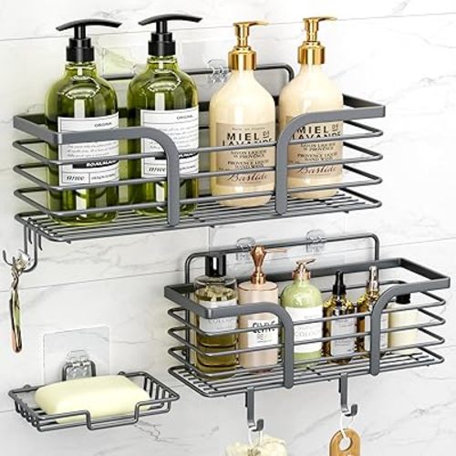 Yougai Shower Caddy, Shower Organizer with Soap Holder and Hooks, Rustproof Shower Shelves, No Drilling Bathroom Organizers and Storage, Wall-Mounted Kitchen & Home Decor (Dark Gray)