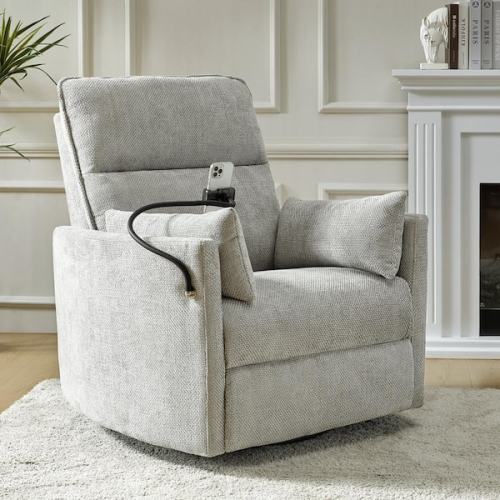 Bertran Light Grey 38 in. Power Rocking Swivel Nursery Recliner with USB