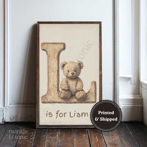 Custom Initial Print, Gender Neutral Room Decor, Rustic Baby Room Poster, Antique Kids Bedroom Art, Vintage Name Gift, Printed and Shipped