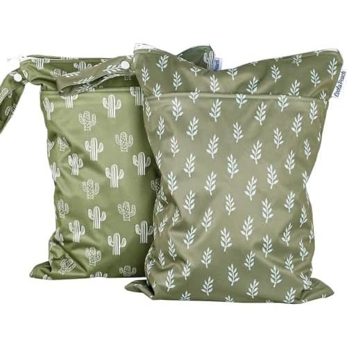 2 pcs/set Wet Dry Bags for Baby Cloth Diapers - Reusable, Washable for Stroller, Diapers, Toiletries, Travel Bags, Beach, Pool, Gym Bag with Two Zippered Pockets 11.8 * 15.7 inch (Green&Cactus)