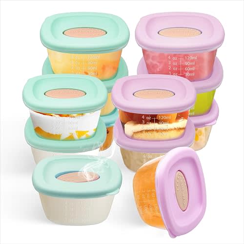 12 Pack Baby Food Storage Containers 4 oz, Baby Silicone Food Jars with Ventilation Valve, Snack Containers with Leak Proof Sealing Lid Microwave Safe, Suitablefor Nurseries, Schools and Travel