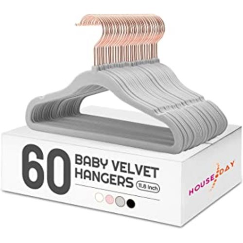 HOUSE DAY Velvet Baby Hangers for Closet, Kids Hangers Velvet 60 Pack, Non Slip Toddler Hanger 11.8 Inch, Durable Childrens Hanger for Newborn Baby Clothes- Gray