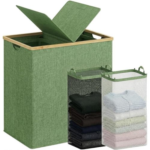 efluky Laundry Hamper with Lid, Double Laundry Hamper with 2 Removable Bags, 2 Section Laundry Basket with Bamboo Handles for Bathroom, Bedroom & Laundry Room, 140L (36.9 Gallon) Black