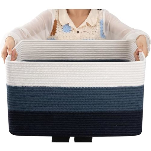 OIAHOMY Large Blanket Basket, 22”x17”x12” Rectangle Woven Baskets, Nursery Blanket Storage Living Room, Toy Storage With Handle, Large Baskets for Organizing-Gradient Blue