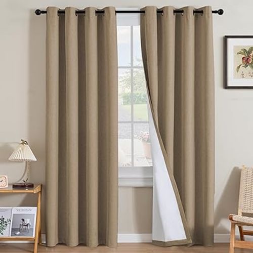 H.VERSAILTEX Linen Curtains 100% Blackout Curtains for Bedroom 84 inch Long Full Light Blocking Nature Linen Blended Window Curtains for Living Room Nickel Grommet (2 Panels, Heathered Macchiato)