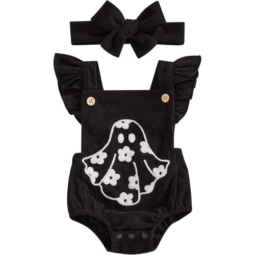 Newborn Baby Girl Halloween Outfit Ruffle Fly Sleeve Ghost Embroidery Romper Corduroy Bodysuit Headband 0-18M