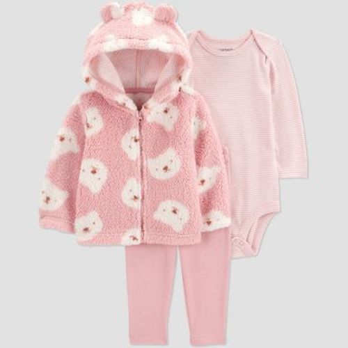 Carter's Just One You® Baby Girls' 3pc Bear Faux Shearling Sweatshirt with Long Sleeve Bodysuit and Leggings Set - Pink 3M