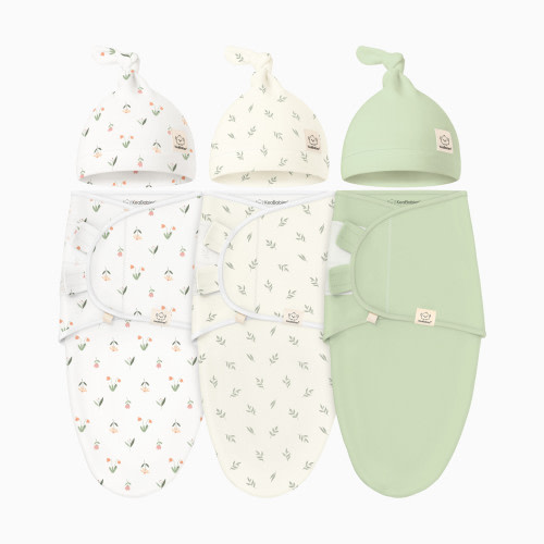 KeaBabies 3-Pack Soothe Swaddle Wraps with Knot Hats - Fleur