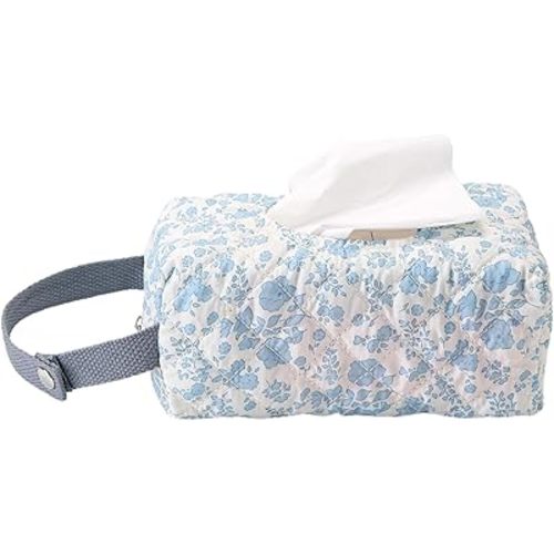 Quilted Baby Wipe Holder Portable Hanging Floral Wet Wipes Pouch Tissue Bag for Strollers & Travel (Blue Floral)
