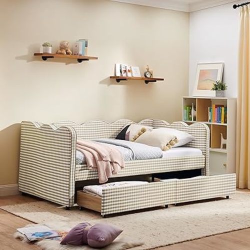 Twin Size Gingham Daybed with 2 Storage Drawers and USB Ports