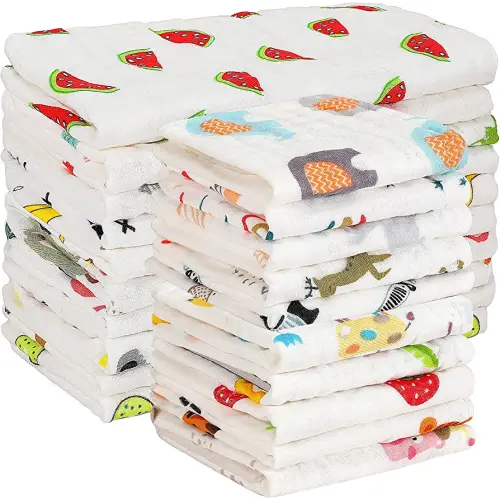 Kenning 20 Pack Muslin Baby Burp Cloths Large 20 x 10 Inches and 10 x 10 Inch Cotton Baby Burp Rags Cute Towel and Washcloths Face Towels 6 Layers Absorbent for Infant Shower, 20 Styles