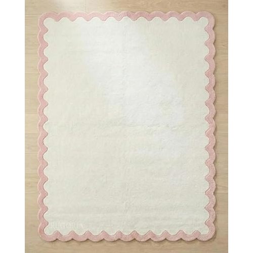 Hand-Tufted Wool Area Rug with Scalloped Edge, Plush Ivory Solid Carpet with Contrast Border, Soft Thick Cotton Backing Rug for Living Room Bedroom Home Decor (Blush Pink, 6' x 9')