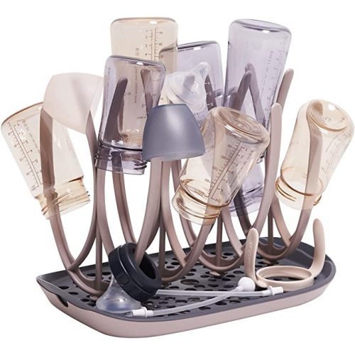 MOTHER-K Baby Bottle Drying Rack with Tray, Adjustable Holder for Baby Bottles, Pacifier and Pump Parts (Beige)