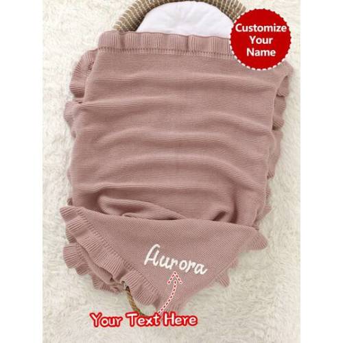 1pc Handmade Customized Name Soft & Cozy Knitted Baby Blanket With Ruffle Edge, Flower Trim Children Blanket