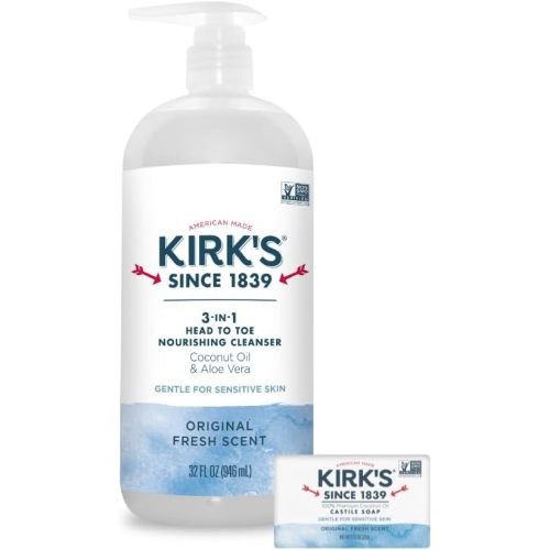 Kirk's 3-in-1 Head to Toe Nourishing Cleanser & Travel Size Bar Soap - for Men, Women & Children, Made with Premium Coconut Oil and Aloe Vera, Non-GMO & Vegan, Original Fresh Scent, 32 Fl Oz.