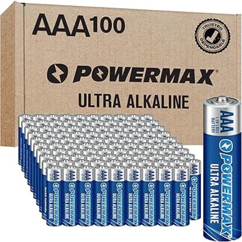 Powermax 100-Count Triple AAA Batteries, Ultra Long Lasting Alkaline Battery for Home and Office, 10-Year Shelf Life, Reclosable Packaging