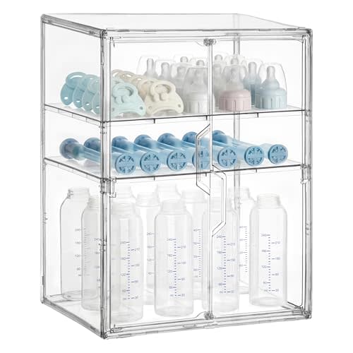 HBlife Baby Bottle Storage Organizer for Countertop Cabinet, 3 Tiers Adjustable Clear Acrylic Bottles Storage Station Case Box Container with 2 Removable Dividers and Magnetic Double Door, X-Large