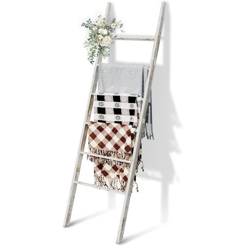 6-Tier Blanket Ladder Wooden, 5.7FT(66.5'') Blanket Quilt Towel Holder Rack Decorative Ladder, Easy Assembly, Rustic Farmhouse Ladder Shelf for The Living Room Bedroom Bathroom Home Decor, White Wash